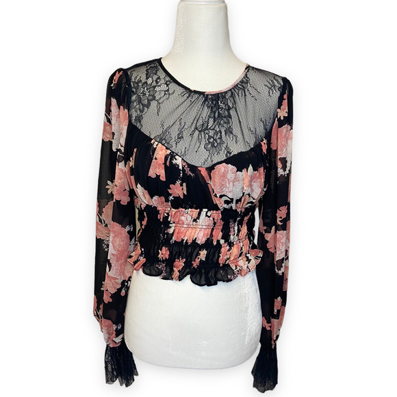Free People Daphne Blouse Floral Print Lace Sheer Long Sleeve Blouse - Picture 8 of 12